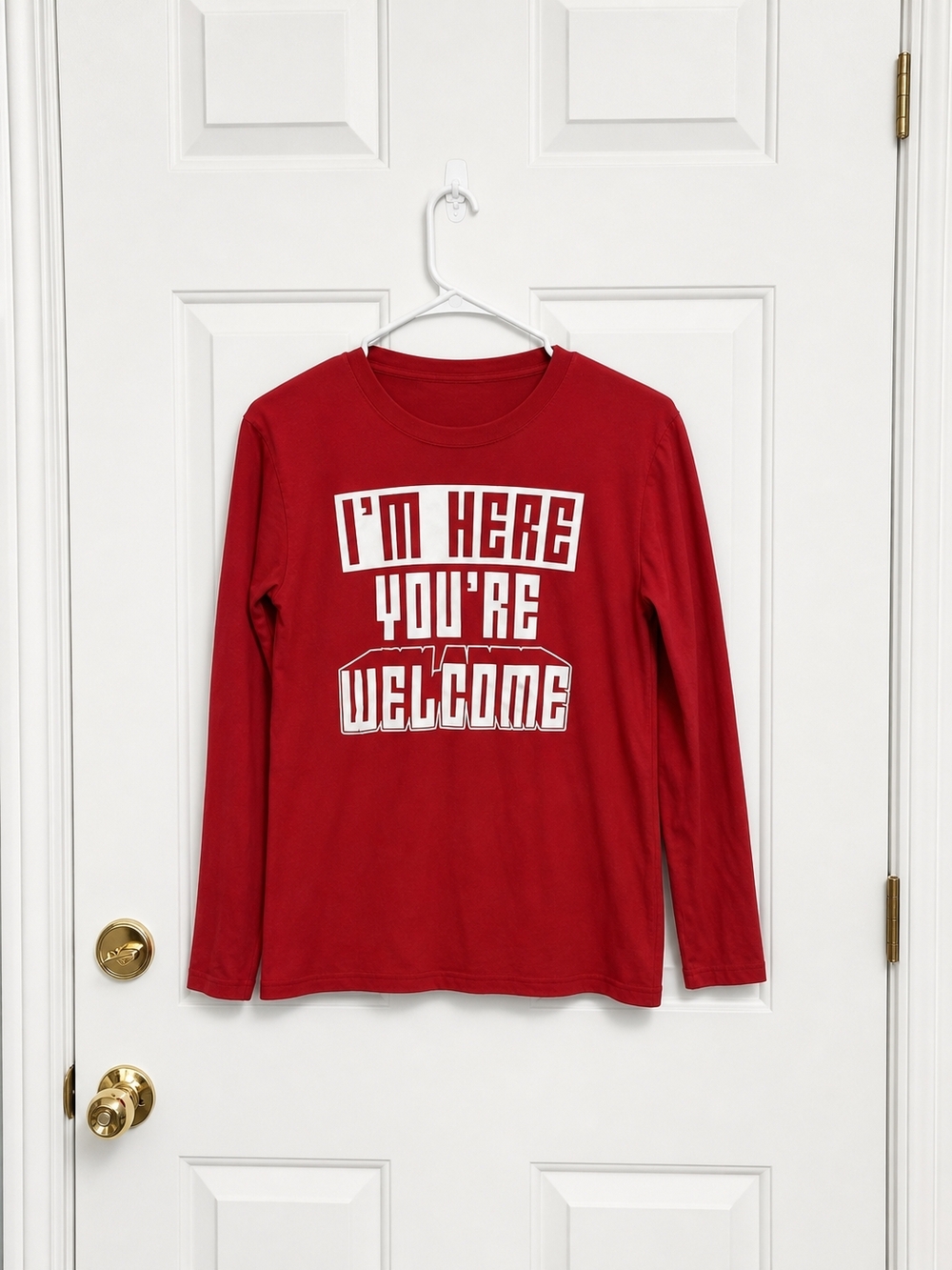 Place Red Long Sleeve Tee with White Text "I'm Here You're Welcome" - Picture 3 of 4